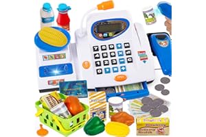 HERSITY Childs Till Cash Register for Kids with Scanner Play Money, Check Out Till Shopping Cashier Toys, Supermarket Games for Children Toddler Boys Girls age 3 4 5