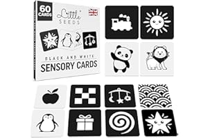 LITTLE SEEDS Newborn Essentials Black and White Baby Sensory Cards 60 High Contrast Baby Flash Cards Visual Skills and Stimulation for Newborn Babies 0-3 Months - UK Brand