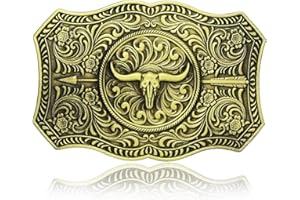 Yjfeshion Oval Long Horn Bull Skull Belt Buckle Native American Vintage Turquoise Wooden Beads Western Cowboy Buckles for Men Gift