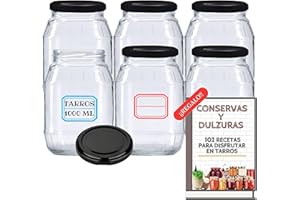 MUNDOTARROS 6 Tarros de Cristal de 1000ml con Tapas + Ebook con 102 Recetas para Conservas - Botes de 1 Litro con Tapa de Rosca - Cierre Hermético para Alimentos Caseros - Incluye Etiquetas (Tapas Negras)