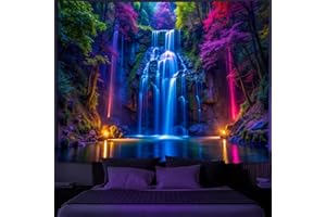 Simpkeely Blacklight Waterfall Tapestry - UV Reactive Glow in the Dark Neon Forest Wall Hanging, Vibrant Nature Landscape Wonderland for Bedroom, Living Room Decor - 130 x 150cm