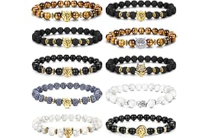 JeryWe 4-10Pcs Bracelet de Perles pour Hommes Femmes 8mm Bracelet en Pierr Naturelle Empilable Élastique Bracelet Ensemble en forme tête de léopard Rock Gothique Punk Bracelet
