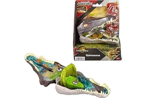 Mattel Jurassic World: El Renacer, Conjunto de juego Mini, la cabeza del Spinosaurio se abre, 4 funciones interactivas, 3 Micro figuras, Dinosaurio de juguete, JGB98