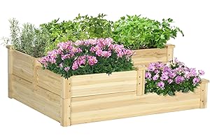 Outsunny Podwyższona grządka, 3-poziomowa grządka na rośliny, skrzynka na kwiaty, na zioła, schodki na kwiaty, na balkon, do ogrodu, z drewna jodłowego, kolor naturalny, 108 x 88 x 36 cm