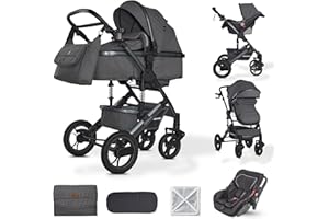 BRONEA EXQUISE 2.0 Kinderwagen 3-in-1 Komplettset Inkl. Auto-Babyschale & Matratze für Babywanne | Buggy, Zusammenklappbar, Wickeltasche, Regenschutz, Mücken- & Sonnenschutz (Grau-Grau)