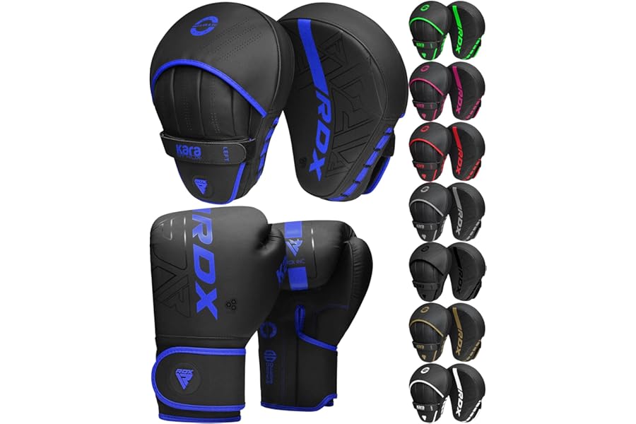 RDX Kids Boxing Gloves and Pads Set, Maya Hide Leather KARA Junior Hook and Jab Curved Focus Mitts Punching Gloves for MMA, Muay Thai, Kickboxing Coaching, Martial Arts, Hand Target Strike Shield