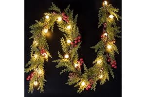 Quntis Girlanda bożonarodzeniowa z oświetleniem, 20 kulek, łańcuch świetlny 175 cm, girlanda choinkowa z timerem, 8 trybów pracy, gałązki sosnowe, girlanda bożonarodzeniowa z czerwonymi jagodami,