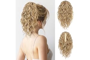 ‎FLUFYMOOZ FLUFYMOOZ Ponytail Extension, 31CM kurze Klauen Pferdeschwanz Haarverlängerung, gewellte, lockige Pferdeschwanz mit Kinnclip, synthetische Perücken für Frauen Goldblond mit Highlights