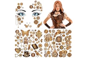 HOWAF 3 Feuilles Steampunk Tatouage Halloween pour Visage, Tatouage Temporaire Carnaval Autocollant Visage pour Deguisement Steampunk, Deguisement Halloween Costume