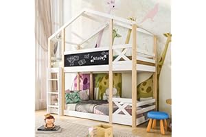 KUAKE Letto per Bambini a Castello 90x200 cm, Letto per Ragazzi con Scaletta, Letto a Soppalco con Soppalco e Pannelli, Letto Casa con Rete a Doghe, Naturale e Bianco, Senza Materasso ﻿ (Senza diapositiva)