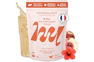 HYDROLOGY - Eau Aromatisée - Pastilles sans sucre - Boisson vitaminée beauté & éclat - Hydratation quotidienne - 15 pastilles effervescentes - Végan & naturel - Pêche Hibiscus - Glow