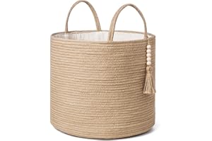 Mkono Cesta de almacenamiento tejida decorativa de cuerda natural, decoración de cuentas de madera para mantas, juguetes, ropa, zapatos, organizador de plantas con asas, sala de estar, decoración del