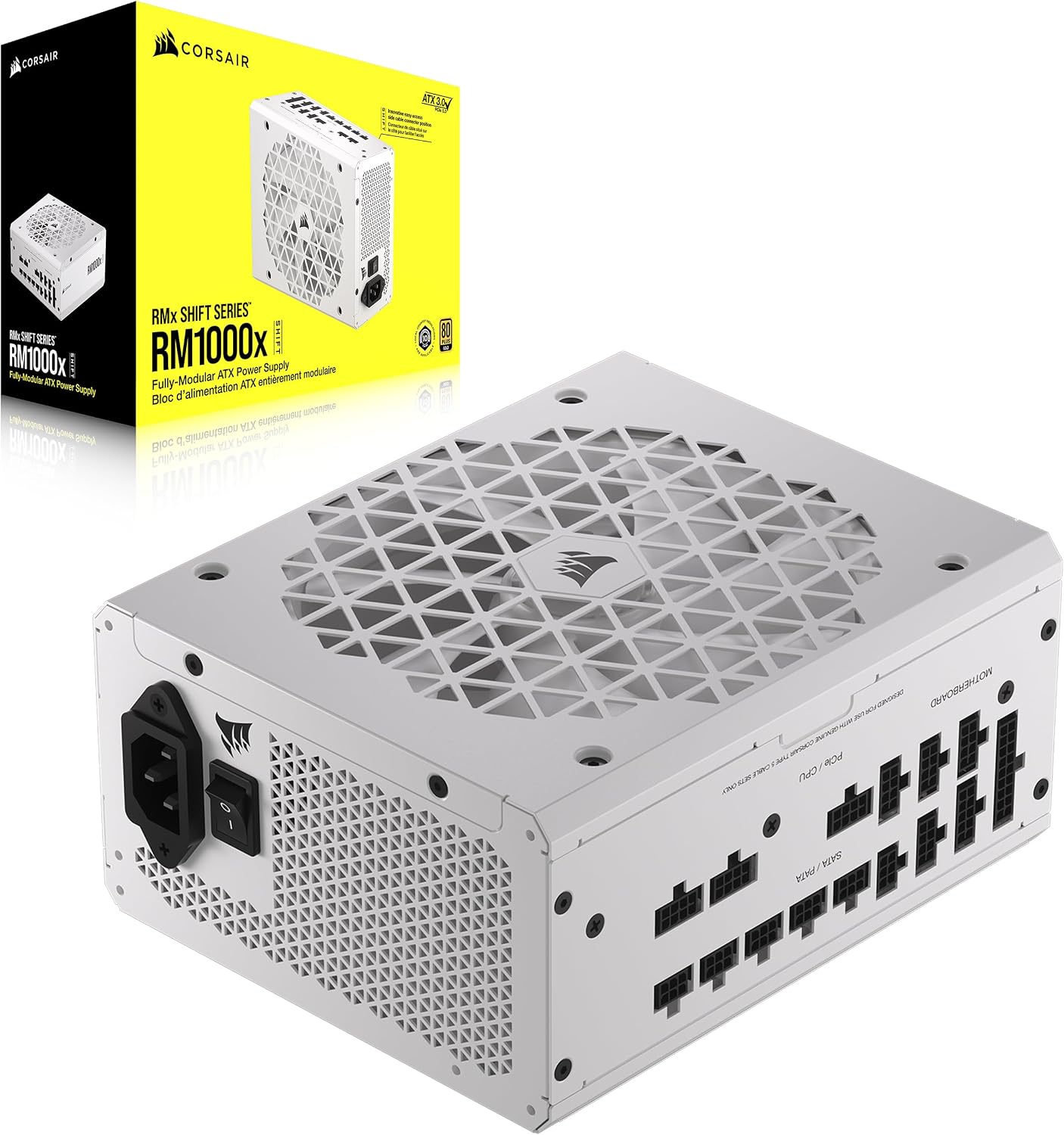 CORSAIR RM1000x SHIFT Fully Modular ATX Power Supply - 80 PLUS Gold - ATX 3.1 - PCIe 5.1 - Zero RPM - Modular Side Interface - White