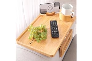 Fibogollo 3 in 1 Sofa Tray,Bamboo Folding Couch Arm Tray with Cup holder and Phone Holder,Sofa Armrest Trays Clip-On Sofas Desk for Drinks,Snacks,Phone,Remote Control（Natural）