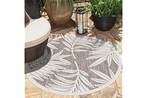 carpet city Teppich Outdoor Wetterfest - Beige - 120x120 cm Rund - Palmen-Blätter - Balkon Teppich Wasserabweisend - In-& Outdoor Teppiche für Terrasse, Garten, Küche, Bad oder Wohnzimmer