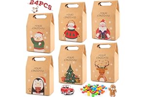 BINXIRUI Plätzchentüten, 24 Stück Weihnachtstüten Papiertüten mit Griff, Weihnachtstüten zum Befüllen, Geschenktüten Weihnachten Kraft, Kekstüten Geschenkbox für Schokolade Süßigkeiten Geschenken