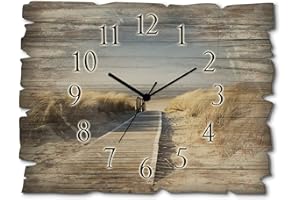 ‎ARTLAND ARTLAND Wanddeko Wanduhr ohne Tickgeräusche aus Holz Quarzuhr 40x30 cm Rechteckig Lautlos Strand Meer Nordseestrand Nordsee Maritim T5RM