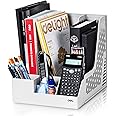 Deli 3-Compartment Gray Office File Holder with Pen Holder and Storage Baskets, Modern, Polypropylene, Tiered Shelf, Tabletop, Home Office, Indoor Use