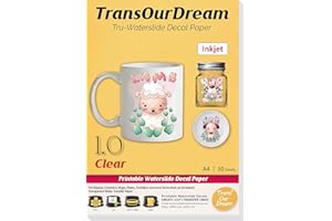 TransOurDream Tru-Waterslide Decal Paper Inkjet Clear 10 Sheets A4 Premium Printable Vinyl Transparent Paper Decals for Ceramics Mugs Candles Glasses Plates Transfer