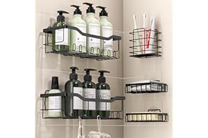 AIMARS Shower Caddy(5 Pack), Shower Shelf No Drilling Adhesive Wall Mounted with Soap & Toothbrush Holder, Rustproof Stainless Steel Bathroom Storage, Black