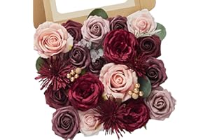 Serwalin Fleurs artificielles en soie bordeaux pour décoration de mariage, fausses roses et rouges avec tiges et boîte de verdure pour bouquet de mariée, centres de table, fleurs pour fête, fête
