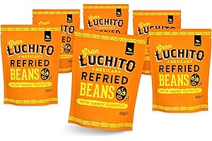 Gran Luchito Mexican Chipotle Refried Beans 430g (Pack of Six) - Vegan - Non GMO - in A Microwavable Pouch - Perfect Side for Mexican Food