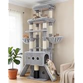 Hey-brother MPJ085W Cat Scratcher with 2 Caves and 2 Platforms | 181 cm Cat Tree, 2 Scratching Ramps, 2 Baskets, Pet Brush, P