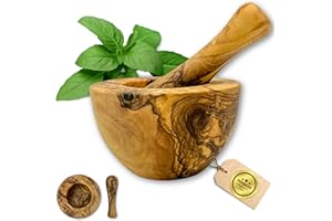 Figura Santa -Mortier & Pilon en bois d'olivier ROTONDA- Set mortier en bois d'olivier mortier en bois robuste mortier pour herbes et épices en bois - grain fin H 6cm x Ø10 cm pilon L 12,5cm