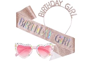 Stiedey Birthday Queen Accessories Kit, Birthday Glitter Pink Sash with Heart Pearl Sunglasses and Sparkling Crystal Headband, Happy Birthday Party Accessories for Girl Women Costume