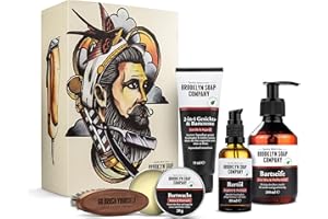 Brooklyn Soap Company Ultimate Beard Box Kit d'entretien de barbe avec huile à barbe, shampoing à barbe, brosse à barbe, cire à barbe et crème à barbe – Idée cadeau pour homme