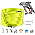 M MINGLE Sewer Jetter Kit for Pressure Washer 150 FT, Drain Cleaner Hose with Power Washer Gun, 1/4 Inch NPT Corner Rotating and Button Nose Sewer Jetting Nozzle, Orifice 4.0, 4.5