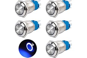 QIMEI-SHOP Druckschalter Wasserdicht 16mm Schalter 12-24 V 3A Momentanen Taster Druckknopfschalter Messing 5 Pin mit Blau Ring LED-Licht für Auto KFZ Boot Motorrad 5 Stück