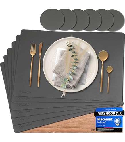 Placemat, set van 6 stuks, van PU-leer, dubbelzijdig, veganistisch, waterdicht, afwasbaar, kunstleer, lederlook, placemat, set, 44 x 34 cm, vintage (nachtzwart/barrique