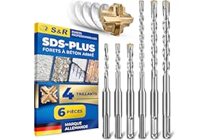 S&R Foret SDS-Plus 4 Tallants - 6 Forets pour Béton ARMÉ 5,mm 6mm 8mm 10mm. Coffrett Meches Sds Plus à Béton, Briques, Maçonnerie, Pierre, Granit. Forets Perceuse Visseuse Perforateur à Percussion