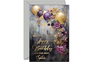 GIFTZIE Beautiful Gold Birthday Cards for Sister - Golden Party Balloons - Elegant Traditional Pretty Birthday Card for Sister from Brother, 5x7 Inch Sibling Gorgeous Greeting Cards Gift