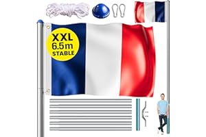 MONZANA® 6.5m Telescopic Aluminium Flagpole with France Flag | Weatherproof | Easy Assembly | Adjustable Height | Perfect for Euro 2024, Olympic Games, Gardens & Events