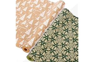 Ahfulife 2 Rollos Papel Regalo Navideño, 43cm x 15M per Rollos Papel Embalaje Navideño Reciclables Caja de Embalaje de Papel Kraft Decoración de Fiesta（W: Papá Noel/Copo de nieve verde）
