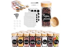 ELAGEL Gewürzgläser Eckig mit Streueinsatz - 24er Set 120ml Gewürzdosen Hochwertigem Holzdeckel aus Bambus - Gewürzstreuer Glas mit Streuer-Aufsätze,Trichter,Etiketten & Kreidestift - Spice Jars