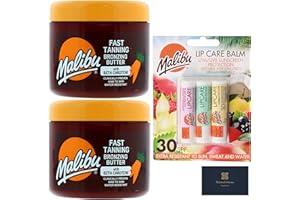 2x Malibu Sun Fast Tanning Bronzing Butter with Beta Carotene 300ml and SPF 30 Lip Balm Sunscreen, Watermelon, Mint and Vanilla, 3 x 5g with Mystical Dreams Thank You Card