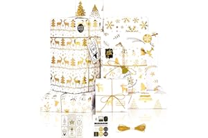 Larcenciel Kit Papier Cadeau Noel, 6 Feuilles Papier Emballage Cadeau Pailleté Métallique avec Etiquette et Autocollant, Papier Cadeaux Élégant Arbre de Noël et Élan pour Noël, Vacance, Fête, 70x50cm