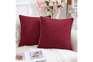 decorUhome Set of 2 Linen Cushion Covers 50X50cm,Decorative Outdoor Plain Vintage Cushion Covers with Stitched Edges, Square Farmhouse Neutral Pillow case 20x20 Inch for Sofa, Burgundy