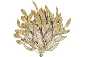 Laelfe 12 Hojas de Navidad Doradas con Brillo | Decoraciones Pailletées para Navidad | Ideal para Coronitas, Arreglos Florales, Centros de Mesa y Decoración de Árbol