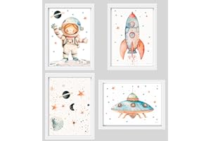 ORIGINALYS Lot de 4 Affiches, Astronaute, Fusée, OVNI et Constellations. Pour chambre d'enfants, garçon, fille ou bébé, une idée de cadeau de naissance, aniversaire, A4, Déco murale (Sans cadre) (Blanc)