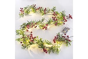 LAWOHO 15 m, sztuczna girlanda bożonarodzeniowa, łańcuch świetlny z 162 śnieżnymi czerwonymi jagodami, 55 zielonymi liśćmi, 20 lampek LED, zasilanie bateryjne, na Boże Narodzenie, do wewnątrz, na zewnątrz