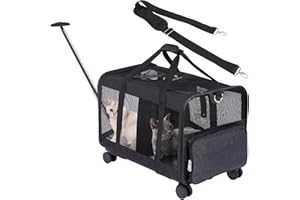 FASNATI Double-Compartment Pet Carrier with Detachable Wheels for Cat/Dog, Rolling Carrier for 2 Small Cats/Dogs/Rabbits, Super Ventilated Design, Ideal for Traveling/Walking/Camping, Black