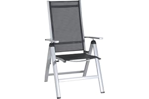 Greemotion Silla de Jardín Plegable Monza, Silla Abatible de Aluminio y Textilene, Sillón de Balcón Respaldo Reclinable con 8 Posiciones, Plateado/Negro