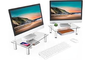 FITUEYES Dual Monitor Stand Glass Height Adjustable PC Laptop Computer Screen Riser, Desk Organzier, 2 Pack-38.5x24x7.5cm
