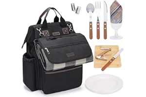 Inno Stage Sac à dos de pique-nique isotherme à large ouverture supérieure comprenant couverture de pique-nique étanche couverts à manche en bois et assiettes de 22,9 cm noir Noir