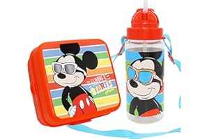 SRV HUB Juego de 2 fiambreras y botellas de agua de Mickey Mouse | Botella de 500 ml con correa y lonchera con 3 compartimentos | Juego de almacenamiento de alimentos para niños de más de 3 años