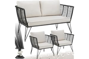 tectake® Garden Furniture Set in Rope Design, Incl. 2 Seater Sofa & 2 Garden Chairs with Weather-Resistant Polyrattan, Steel Frames & Thick, Water-Repellent Cushions, Ideal for Patio, Garden & Balcony